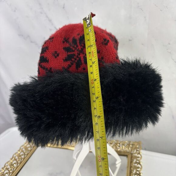 Vintage 70s Knit Russian Hat Women's Nordic Winter Beanie Red Black Faux Fur - Picture 6 of 13